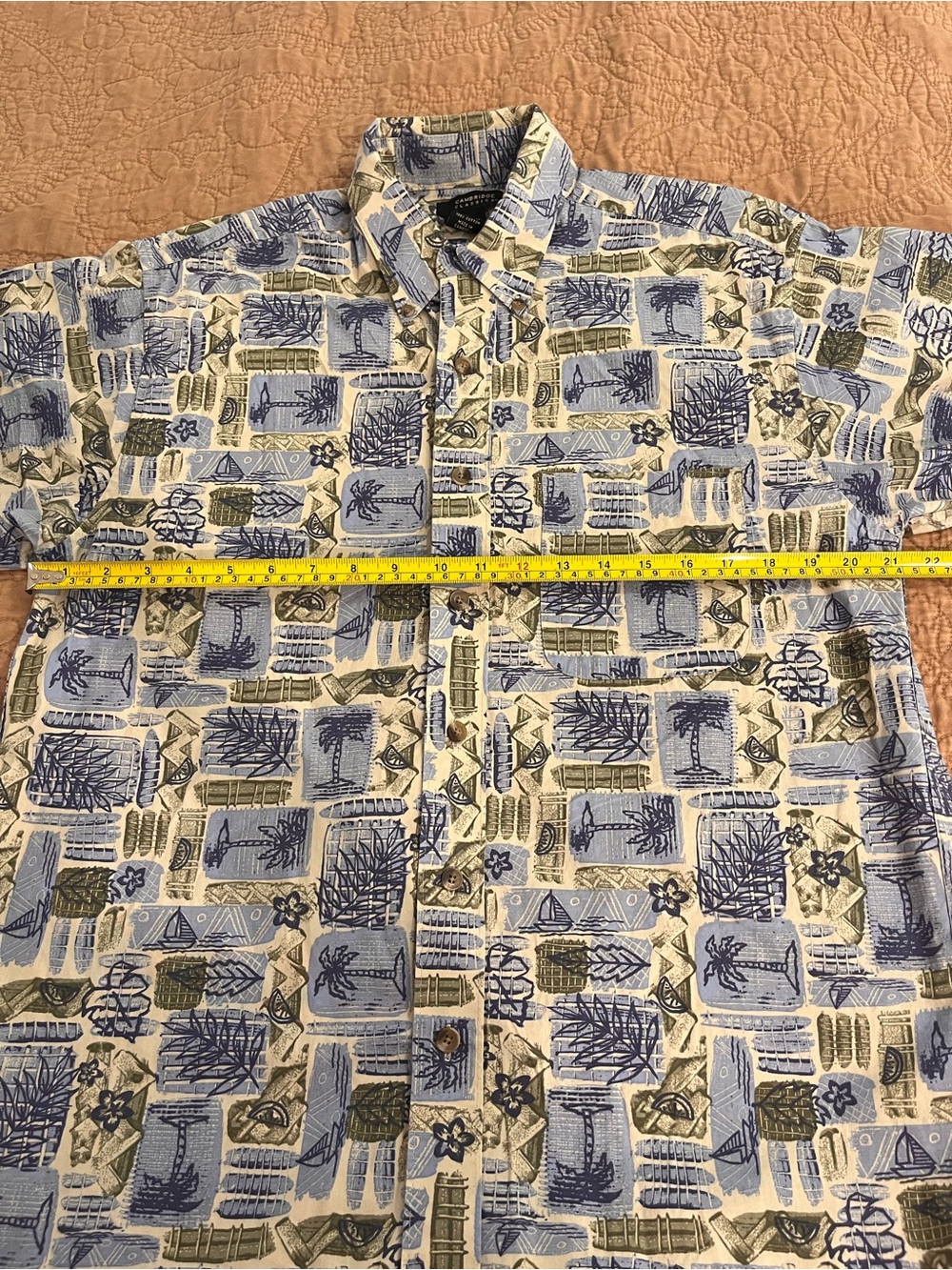 Men's 100% Cotton Short-Sleeve Button-Down Shirt Blue Green Hawaiian Beach - Picture 3 of 5